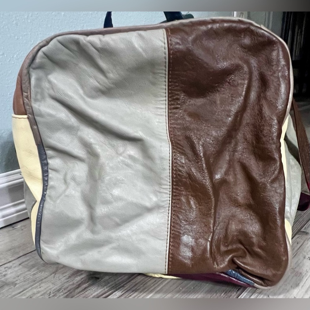 Vintage 60 70’s Patchwork 100% Genuine Leather Duffel Travel Bag Vacation Retro - Picture 3 of 16